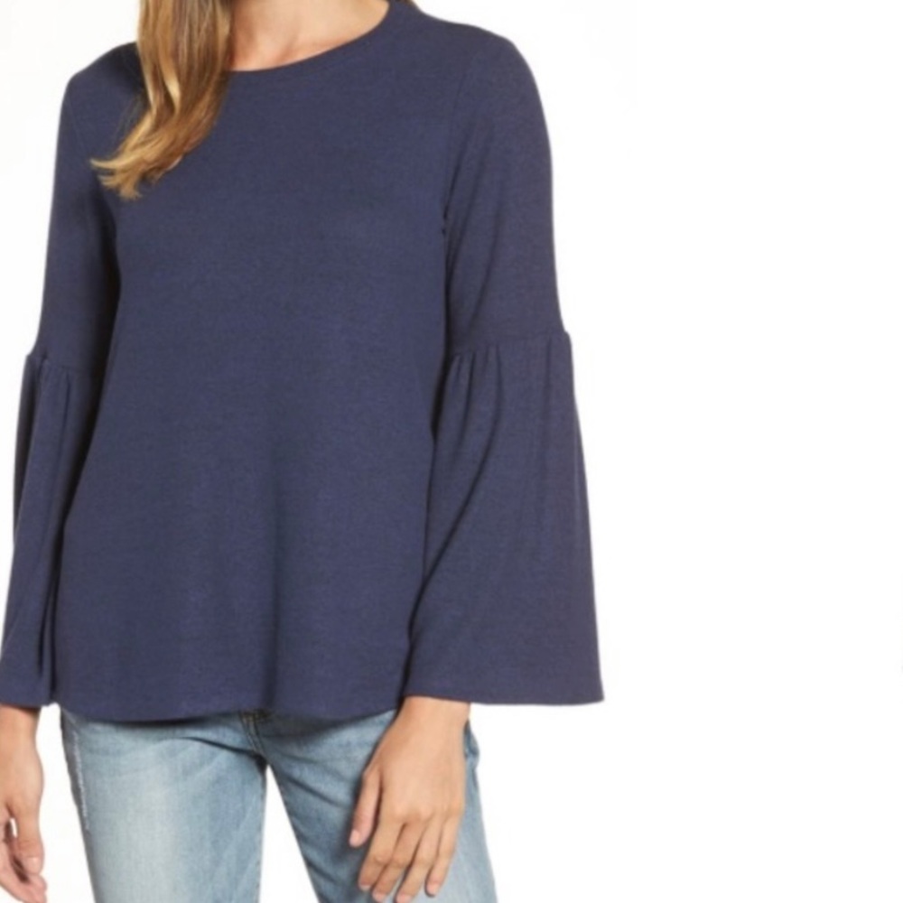 Gibson Navy Bell Sleeve Cozy Fleece Pullover